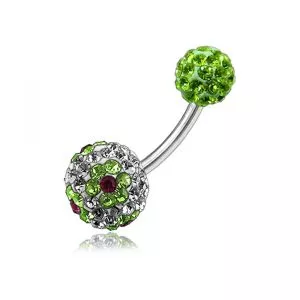 Green Flower Crystal Stone Ball With Steel Bar Body Jewelry Belly Ring