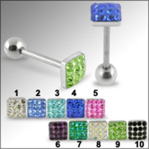 SS Tongue Barbell With Square Crystal Top
