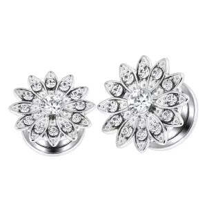 Flower with Micro Jeweled CZ Stone Ear Flesh Tunnel