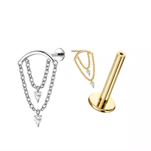 G23 Grade Titanium Double Chain with Cone Dangle  Tragus Top Push Fit with Flat Back Labret