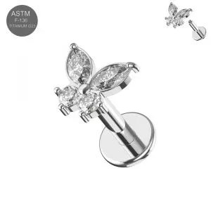 G23 Titanium Butterfly CZ Internally Threaded top with Round Base Labret