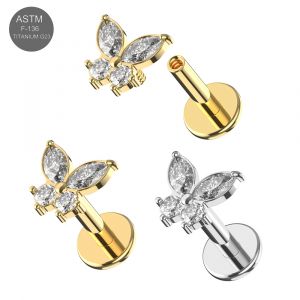 G23 Titanium Butterfly CZ Internally Threaded top with Round Base Labret