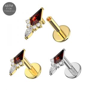 G23 Titanium Garnet Red Marquis and CZ Cluster Internally Threaded top with Round Base Labret