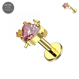 ASTM F-136 Titanium Pierced Pink Heart CZ with Nail Accents Threadless Labret (18G/16G)