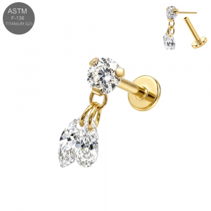 ASTM F-136 Titanium Duo Drop CZ Dangle Threadless Labret (18G/16G)
