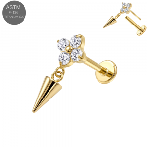 ASTM F-136 Titanium Four-Petal Crystal Flower with Cone Spike Dangle Threadless Labret (18G/16G)
