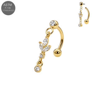 ASTM F-136 Titanium Marquise Leaf Cluster Dangle Internal Thread Curved Barbell | 16G