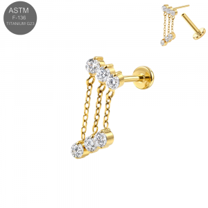 ASTM F-136 Titanium Triple Round CZ with Triple Chain Drop CZ Dangle Threadless Labret (18G/16G)