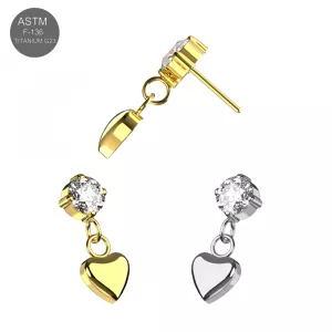ASTM F-136 Titanium Round CZ with Heart Dangle Threadless Top – Universal 18G/16G Fit