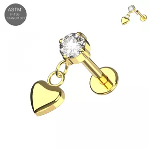 Implant Grade G23 Titanium Threadless Round CZ with Heart Dangle Top with Labret