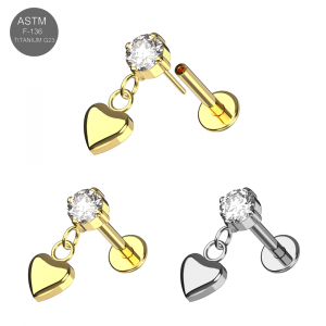 Implant Grade G23 Titanium Threadless Round CZ with Heart Dangle Top with Labret