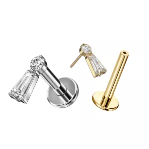Implant Grade Titanium Baguette & Round CZ Threadless Pin Tragus Top with Labret