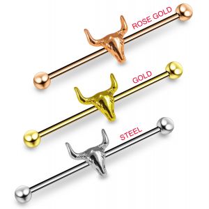 Surgical Steel Industrial Barbell Earring With Bull Head