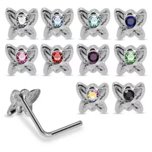 925 Sterling Silver Jeweled Butterfly L-Bend Nose Stud