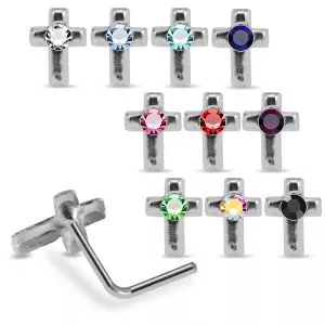 Jeweled Cross 925 Silver L-Bend Nose Stud