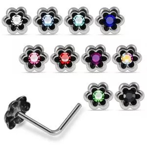 925 Sterling 20G thickness L-Bend 5mm x 4mm Long Jeweled Nose Pin