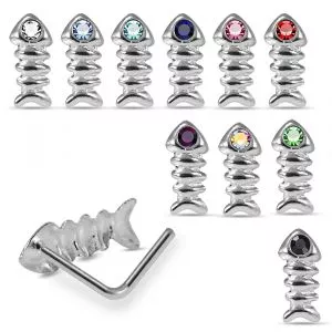 925 Silver Jeweled Fish Bone L-Bend Nose Stud
