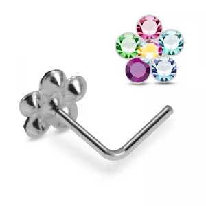 925 Silver Multi Color Stone Flower L-Bend Nose Stud