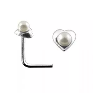 925 Silver Heart with Pearl Ball in L-Bend Nose Stud
