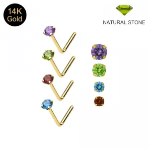 14K Solid Yellow Gold Claw-Set Natural Stone L-Bend Nose Stud | 22G