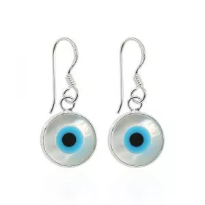 925 Sterling Silver Dangling Double sided evil eye Fish Hook shell Earring