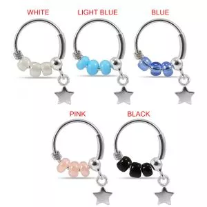 925 Sterling Silver Star Dangling Triple Beaded Nose Hoop Ring