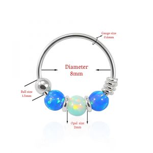925 Sterling Silver Dark Blue with Light Green Opal Bead in Center Nose Hoop Ring