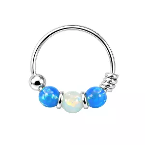 925 Sterling Silver Dark Blue with Light Green Opal Bead in Center Nose Hoop Ring