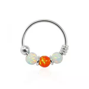 925 Sterling Silver AB with Orange Opal Bead in Center Nose Hoop Ring