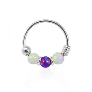 925 Sterling Silver AB with Purple Opal Bead in Center Nose Hoop Ring