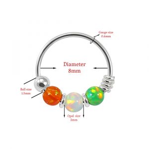 925 Sterling Silver Orange Green with AB Opal Bead in Center Nose Hoop Ring