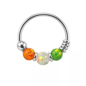 925 Sterling Silver Orange Green with AB Opal Bead in Center Nose Hoop Ring