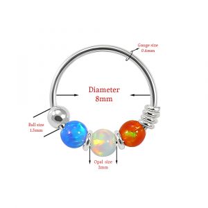 925 Sterling Silver Blue Orange with AB Opal Bead in Center Nose Hoop Ring