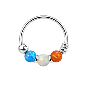 925 Sterling Silver Blue Orange with AB Opal Bead in Center Nose Hoop Ring