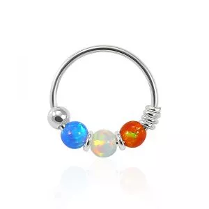 925 Sterling Silver Blue Orange with AB Opal Bead in Center Nose Hoop Ring