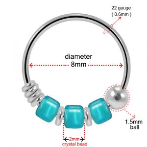 925 Sterling Silver Turquoise Blue Triple Beaded Nose Hoop Ring