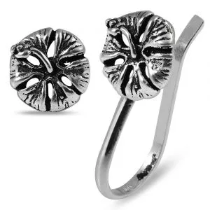 925 Sterling Silver Oxidized Non Piercing Hibiscus Design Nose Cuff