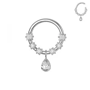316L Surgical Steel CZ Jewels and Pear Drop Dangle Hinged Segment Clicker
