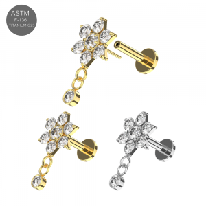 Implant Grade Titanium Flower CZ Dangle Threadless Pin Tragus Top with Labret