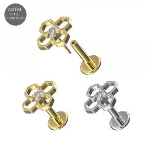 Implant Grade Titanium Geometric Flower CZ Threadless Pin Tragus Top with Labret