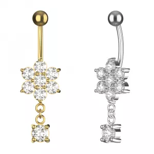 Jeweled Flower with Luxurious Hanging Crystal 925 Sterling Silver Dangling Belly Ring