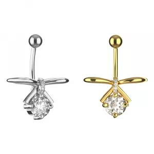 925 Sterling Silver Non-Dangling Belly Button Ring with Jeweled Feminine Bow