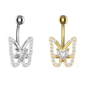 925 Silver and Titanium Non-Dangling Belly Button Ring with Heart Crystal Butterfly