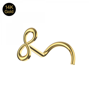 Close-up of the polished infinity symbol top on a 14K yellow gold nose screw.