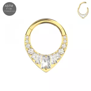 G23 Titanium Teardrop Shape CZ Jeweled Hinged Segment Clicker Ring