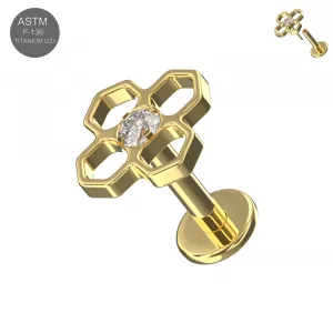 Implant Grade Titanium Geometric Flower CZ Threadless Pin Tragus Top with Labret