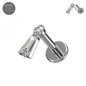 Implant Grade Titanium Baguette & Round CZ Threadless Pin Tragus Top with Labret