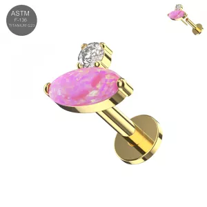 Implant Grade Titanium Oval Opal & CZ Threadless Pin Tragus Top with Labret