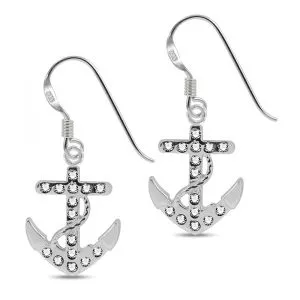 Fancy Jeweled Anchor Dangling 925 Sterling Silver Ear Ring
