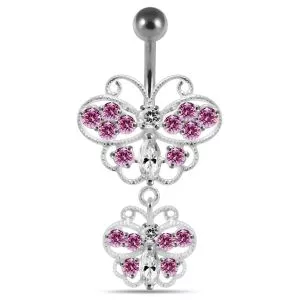 Multi Stones Moving Butterfly Banana Bar Navel Ring